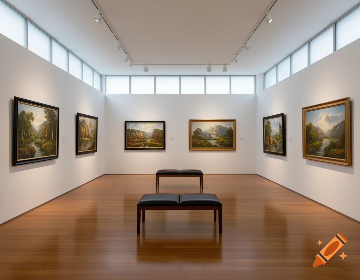 A modern art gallery with white walls, skylight windows, polished wooden floors, and several landscape paintings hanging.