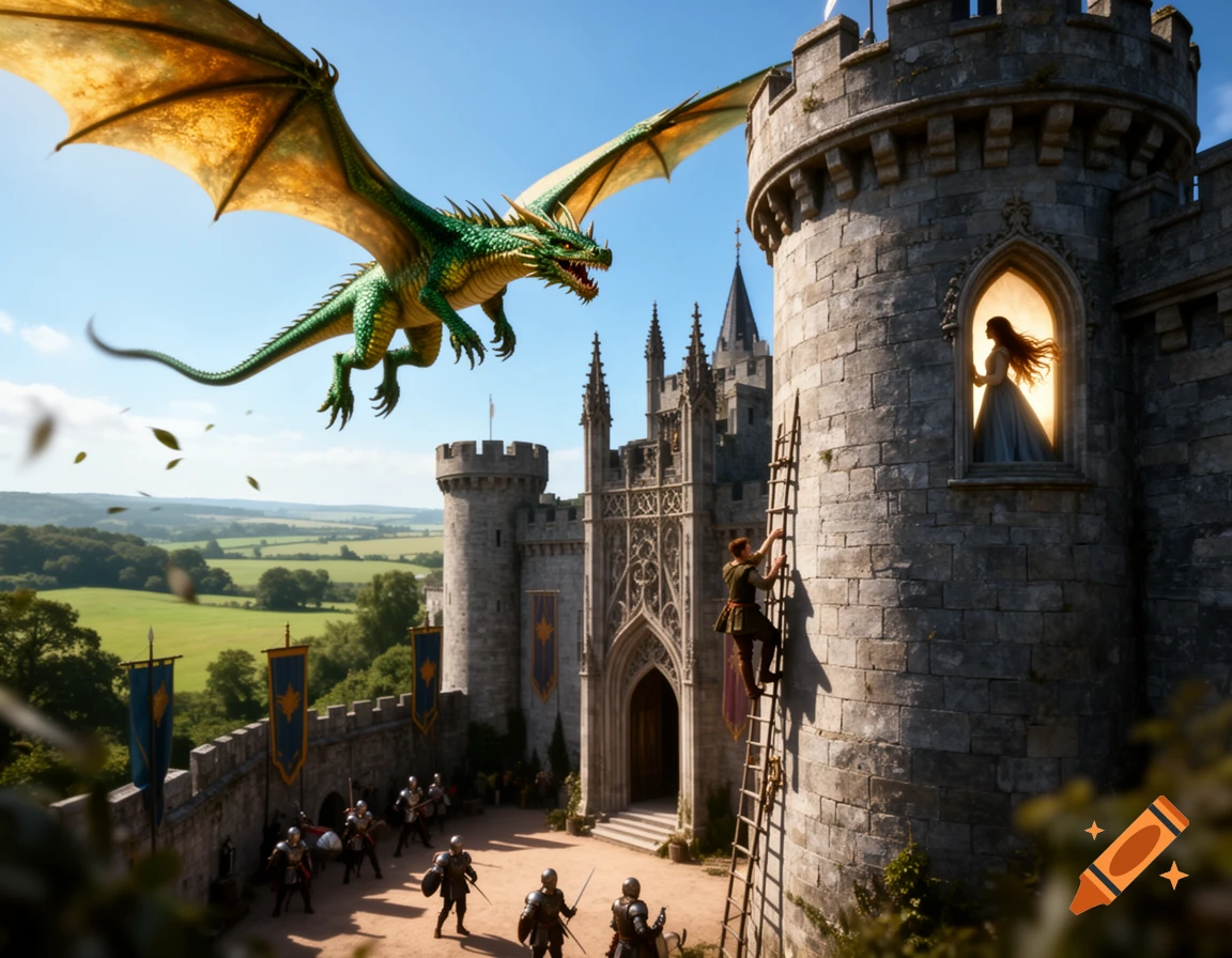 A vibrant green dragon flies over a medieval castle as a prince climbs a ladder to rescue a princess in a tower.