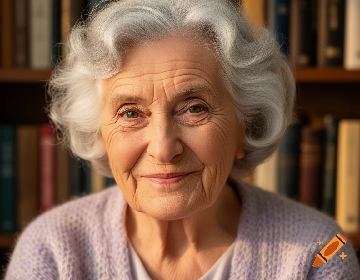 Close-up photorealistic portrait of an elderly woman with white curly hair, smiling gently in front of a blurred bookshelf.