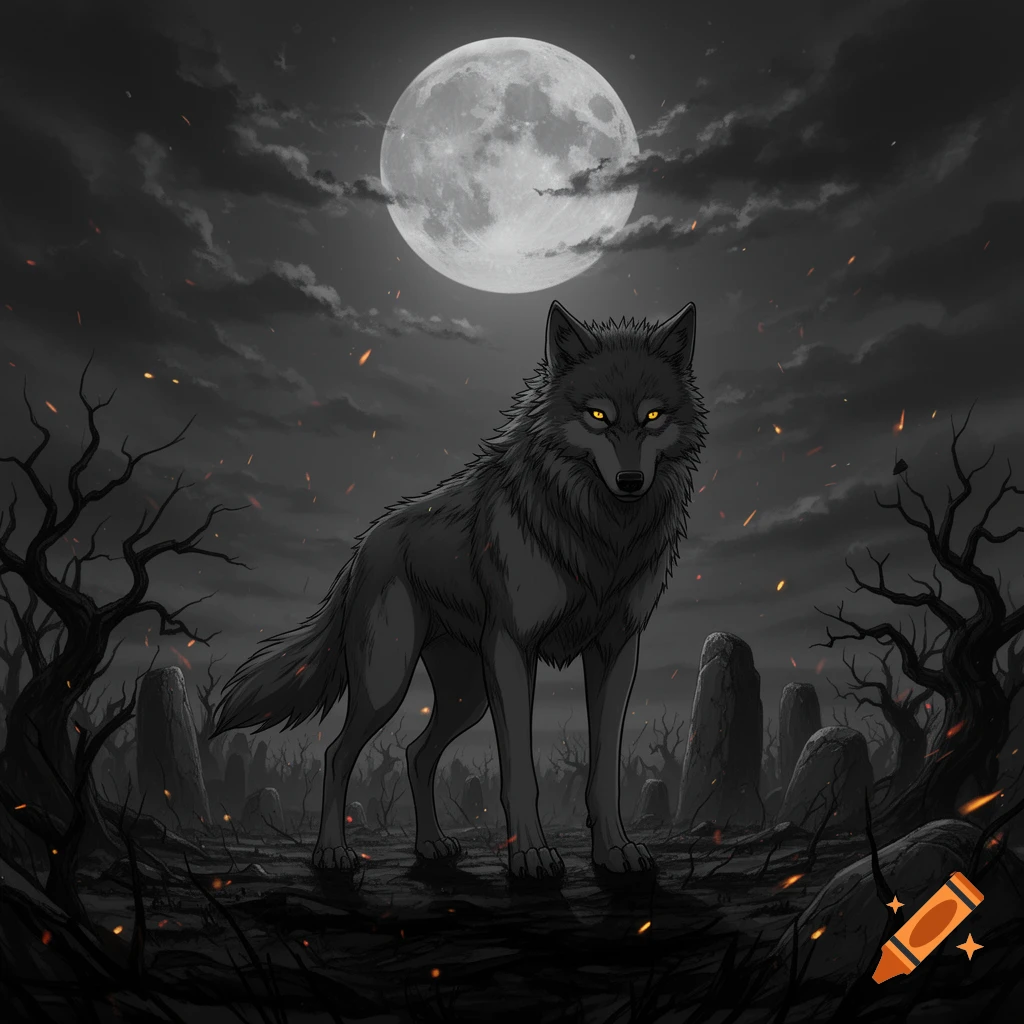 A stylized dark fantasy wolf with glowing eyes under a full moon, surrounded by dead trees and gravestones, with embers floating.