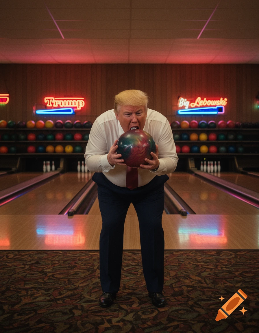 Donald Trump licking a bowling ball in a photorealistic bowling alley with neon signs for "Troomp" and "Big Lebowski".