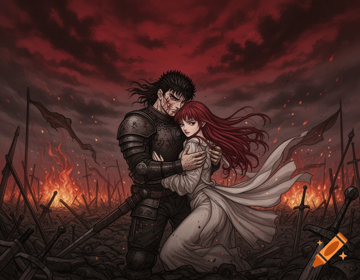 A man in dark armor embraces a red-haired woman on a fiery battlefield strewn with swords, in a dark anime style.