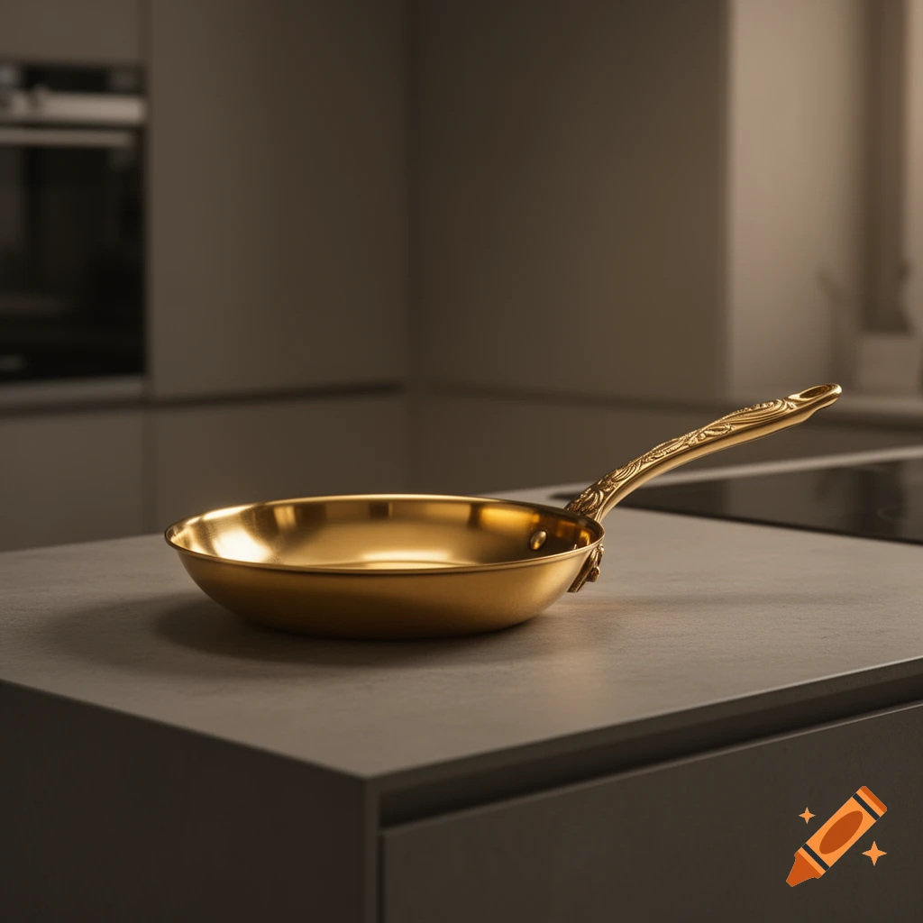 A photorealistic image of a shiny golden frying pan with an ornate handle on a grey kitchen counter.