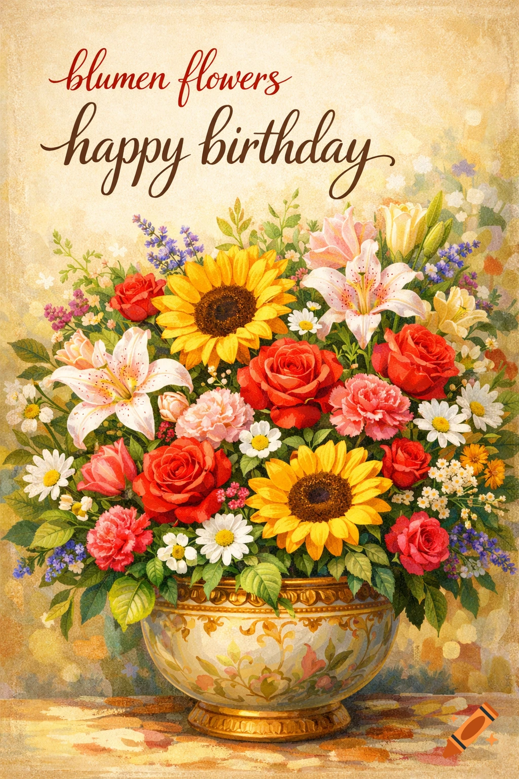 Vibrant watercolor illustration of a large bouquet of red roses, yellow sunflowers, white lilies, and daisies in an ornate vase, with "blumen flowers happy birthday" text above.
