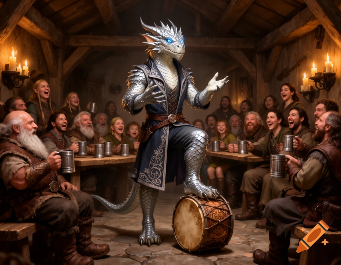 A silver-scaled dragonborn bard with ice-blue eyes performs for a diverse, laughing crowd in a dimly lit medieval tavern, with one foot on a drum.