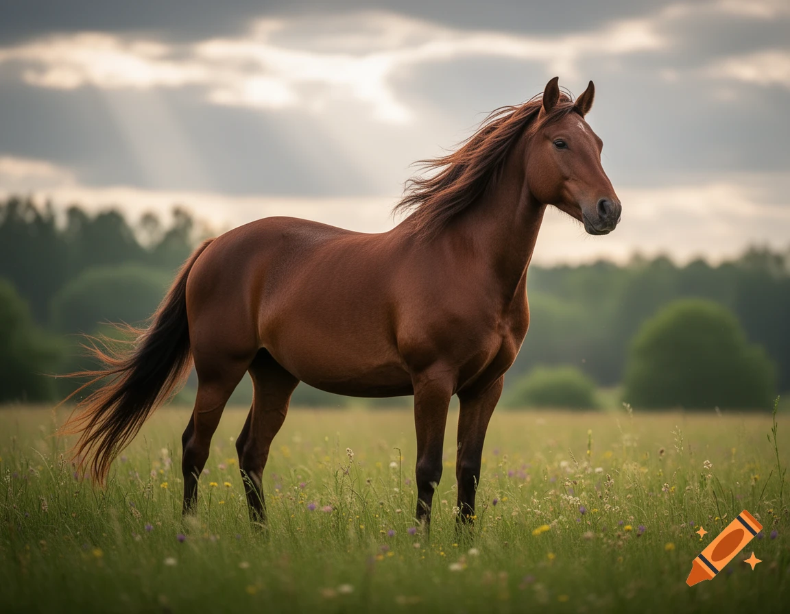 A photorealistic brown horse stands in a grassy field under a cloudy sky with sun rays.