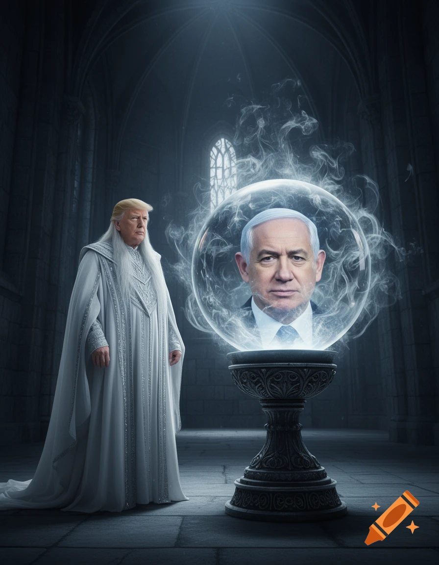 Donald Trump dressed as Saruman, a wizard, stands in a gothic hall gazing at a glowing palantir with Benjamin Netanyahu's head inside.