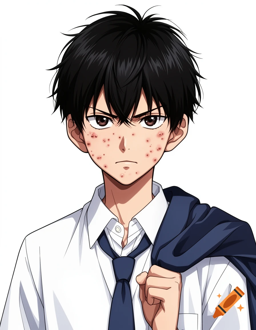 Anime boy with black hair, white shirt, and tie, carrying a jacket. He has an angry expression and acne on his face.