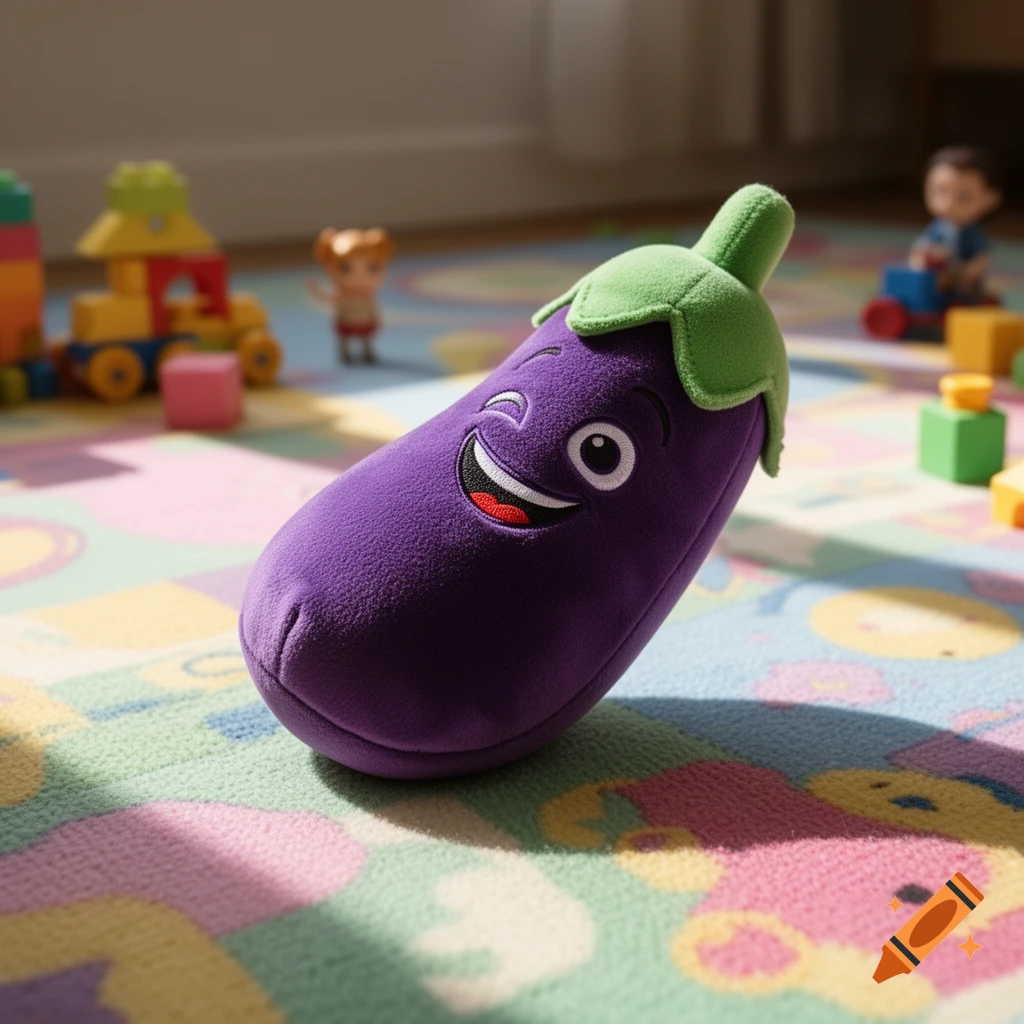 A cute purple eggplant plush toy with a winking face and green stem sits on a colorful playmat with blurred toys in the background.