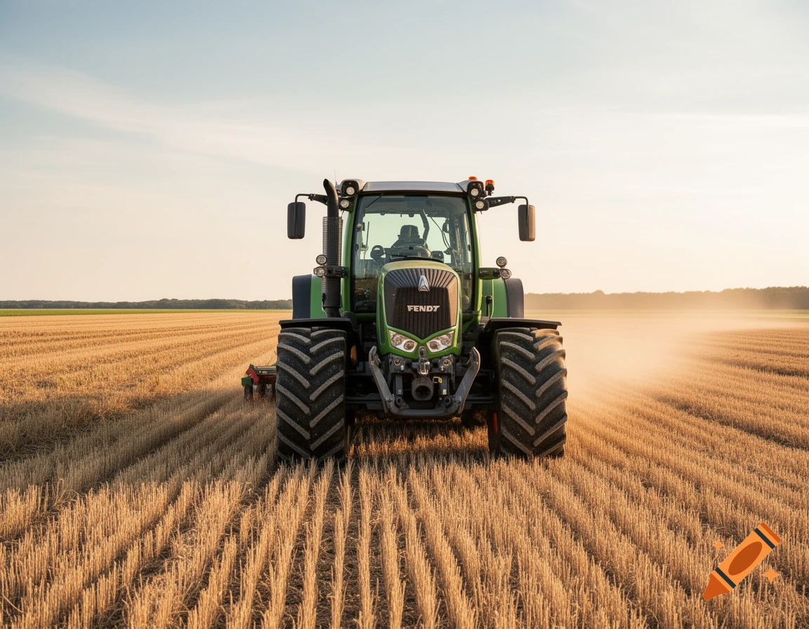 A green Fendt tractor in a golden field under a clear sky, viewed from the front, with dust rising behind it.