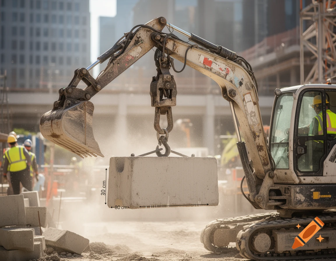 Photorealistic image of a mini excavator lifting a concrete block on a dusty urban construction site with workers in the background.