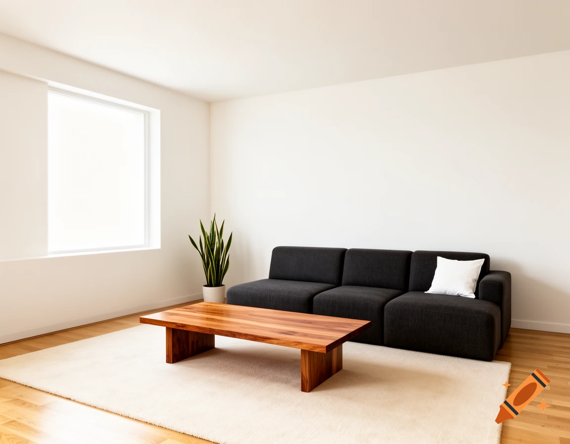 A minimalist living room with a dark gray sofa, wood coffee table, cream rug, and a snake plant by a bright window.