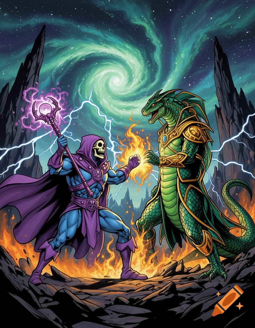 Skeletor with staff and King Hiss with fire magic battle on rocky ground under a swirling cosmic sky, comic art style.