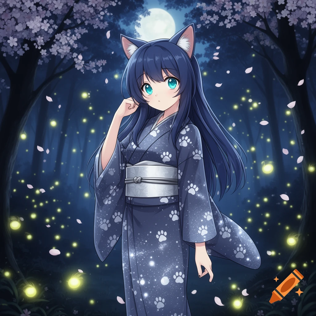 Anime girl with blue hair and cat ears in a paw-print kimono stands in a magical night forest with fireflies and cherry blossoms.