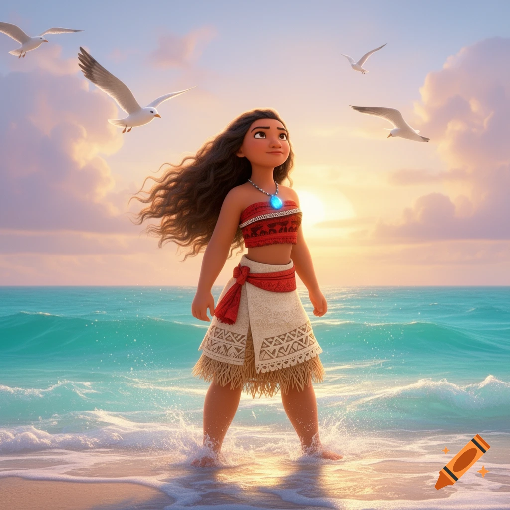 Moana standing in shallow ocean water at sunset with seagulls flying overhead, animation style.