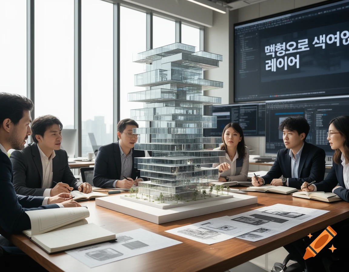 Diverse professionals in a modern office meeting, discussing a detailed architectural model of a skyscraper.