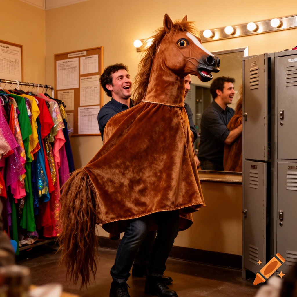 Two laughing men wear a brown horse costume in a dressing room with colorful outfits and a mirror reflection.