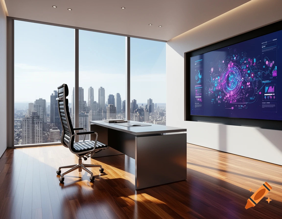 A modern office with a black executive chair and desk, large windows ...