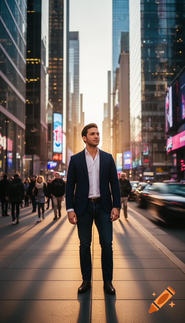 A man in a navy suit stands on a city street at sunset, looking into ...