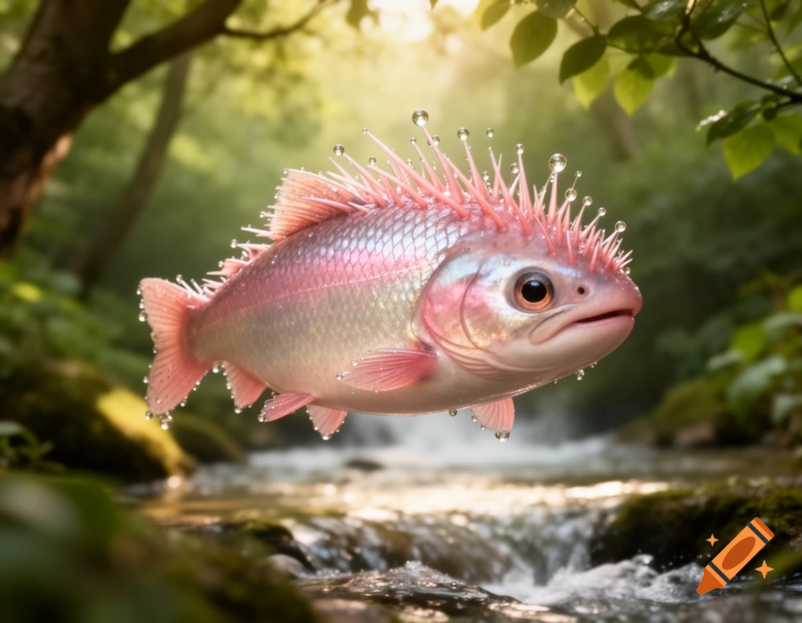 A cute pink, spiky fantasy fish covered in water droplets jumps above a forest stream in a sunlit forest.