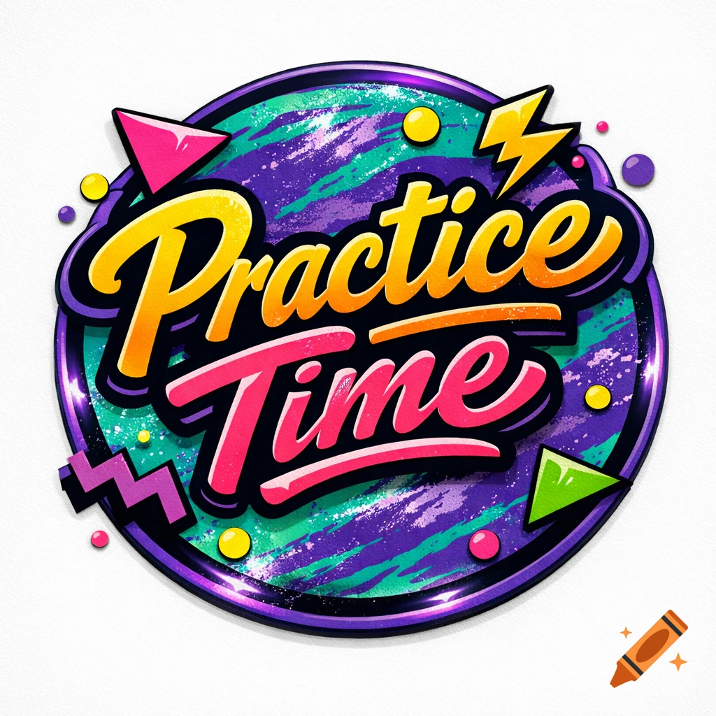 A colorful 90s retro style logo with "Practice Time" in a circular design featuring abstract shapes and paint splatters.