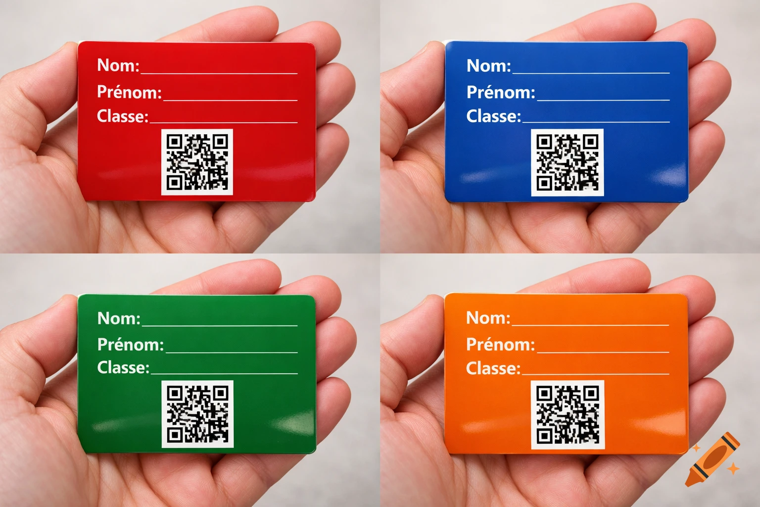 Four hands each holding a different colored identification card: red, blue, green, and orange. Each card displays 'Nom:', 'Prénom:', 'Classe:', and a QR code.