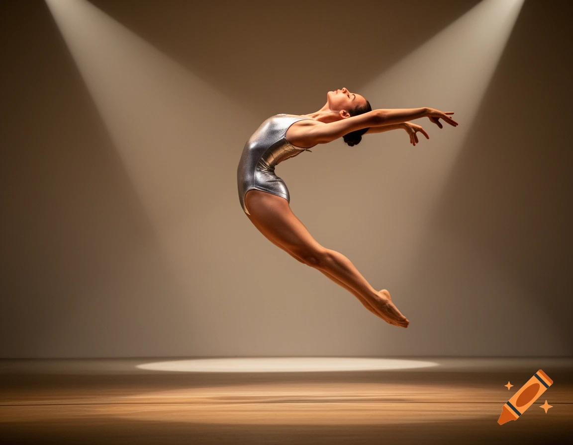 Female contemporary dancer in a silver leotard leaping in an arched pose under spotlights on a wooden stage, photorealistic.