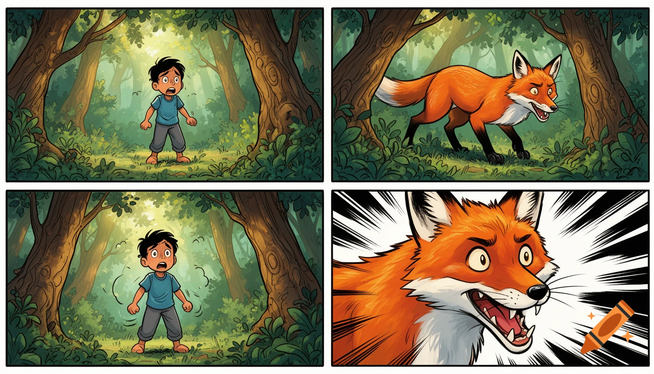 A four-panel comic strip shows a boy looking scared in a forest, followed by a scared fox, and ends with a close-up of the terrified fox's face.