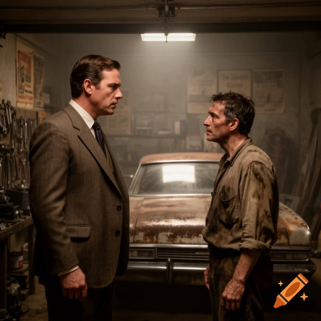 Two men, one in a suit and the other in dirty work clothes, face each other intensely in a dimly lit garage with an old, rusty car behind them.