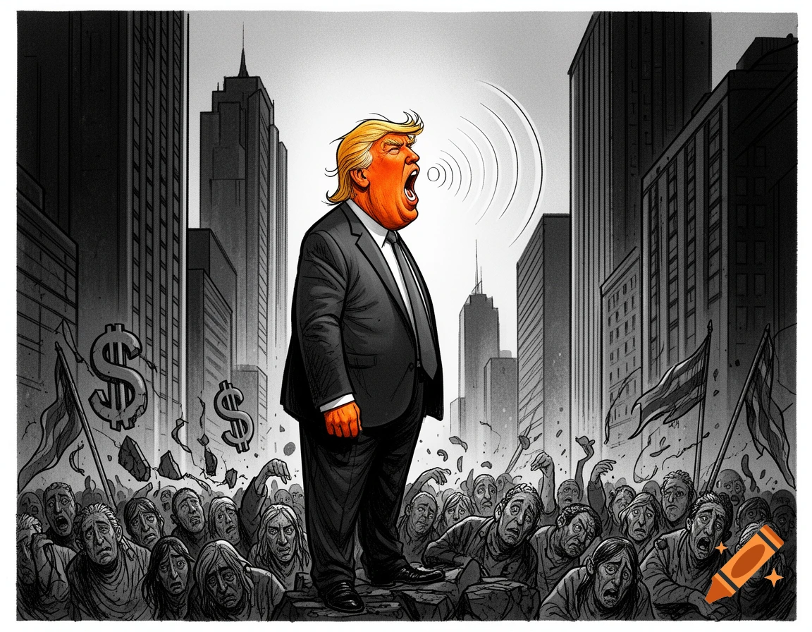 Editorial cartoon of a shouting political leader with orange skin and blond hair, surrounded by desperate people and dollar signs in a dystopian city.