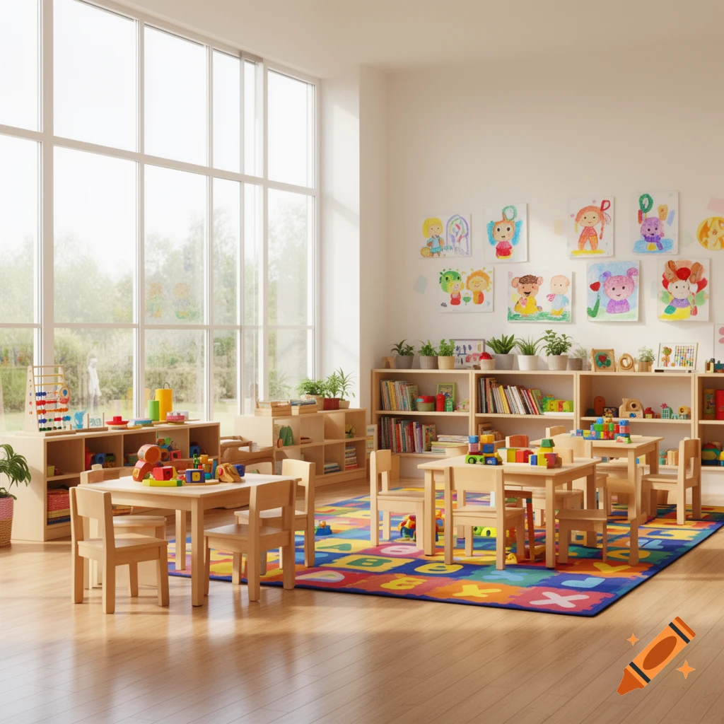 A bright, sunny kindergarten classroom with small wooden tables and chairs, shelves with books and toys, and children's drawings on the wall.
