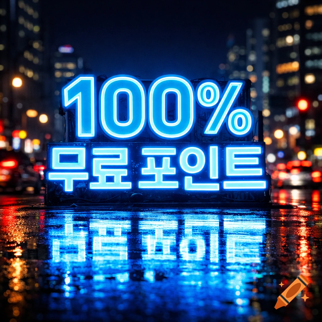 Glowing blue neon sign displaying '100% 무료 포인트' on a wet city street at night with reflections.