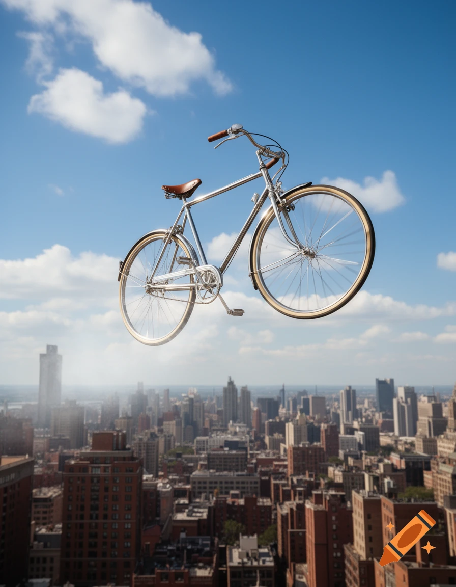 A shiny silver bicycle with a brown leather seat floats in a clear blue sky above a sprawling city skyline.