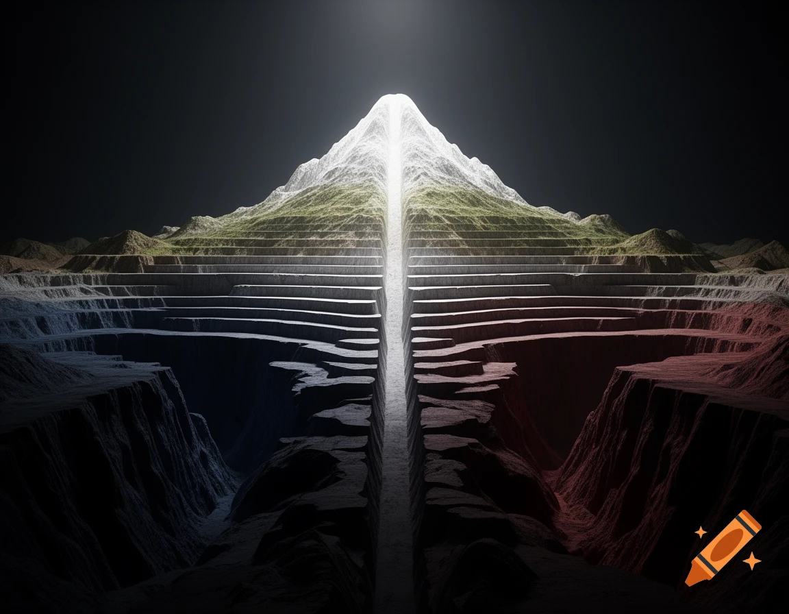A surreal, symmetrical landscape showing a glowing white central ridge with stepped terrain descending into dark trenches, featuring cool tones on the left and warm tones on the right.