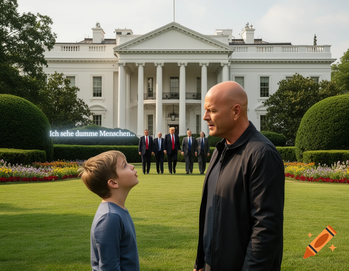 Photorealistic image of a boy and a bald man on the White House lawn, with text 'Ich sehe dumme Menschen..' floating. Trump and his cabinet walk from the White House.