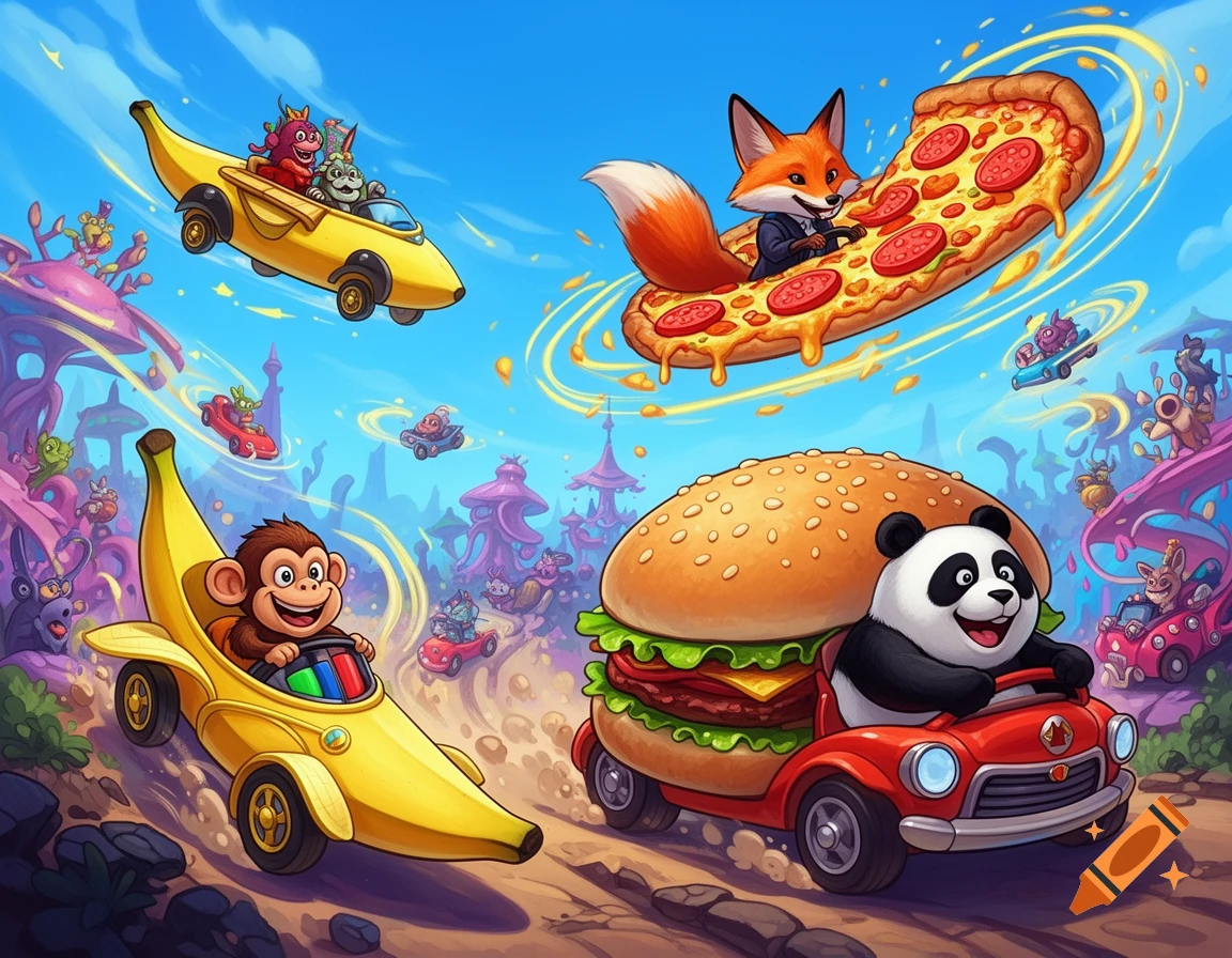 Cartoon animals race in a whimsical landscape, driving a banana car, a flying pizza, and a hamburger car, in a vibrant, fun style.