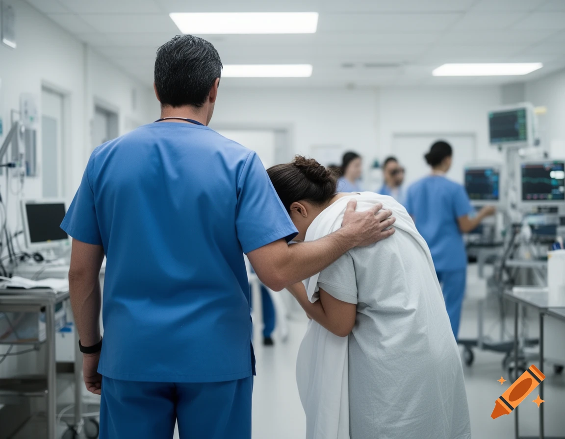 A doctor in blue scrubs comforts a distraught woman in a white gown in a hospital.