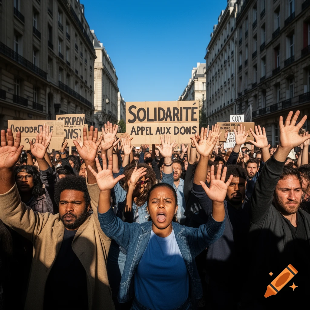 Photorealistic image of a diverse crowd in a city street, hands raised, with a sign reading 'SOLIDARITE APPEL AUX DONS'.