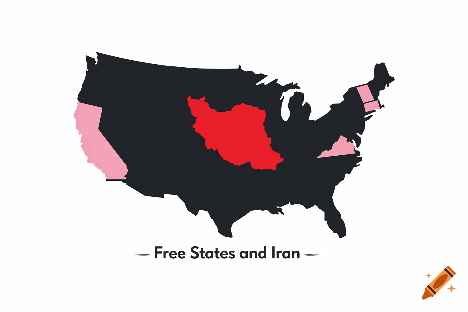 Stylized map of the US with an Iran-shaped red country in the center, pink California and Northeast states, and text 'Free States and Iran'.