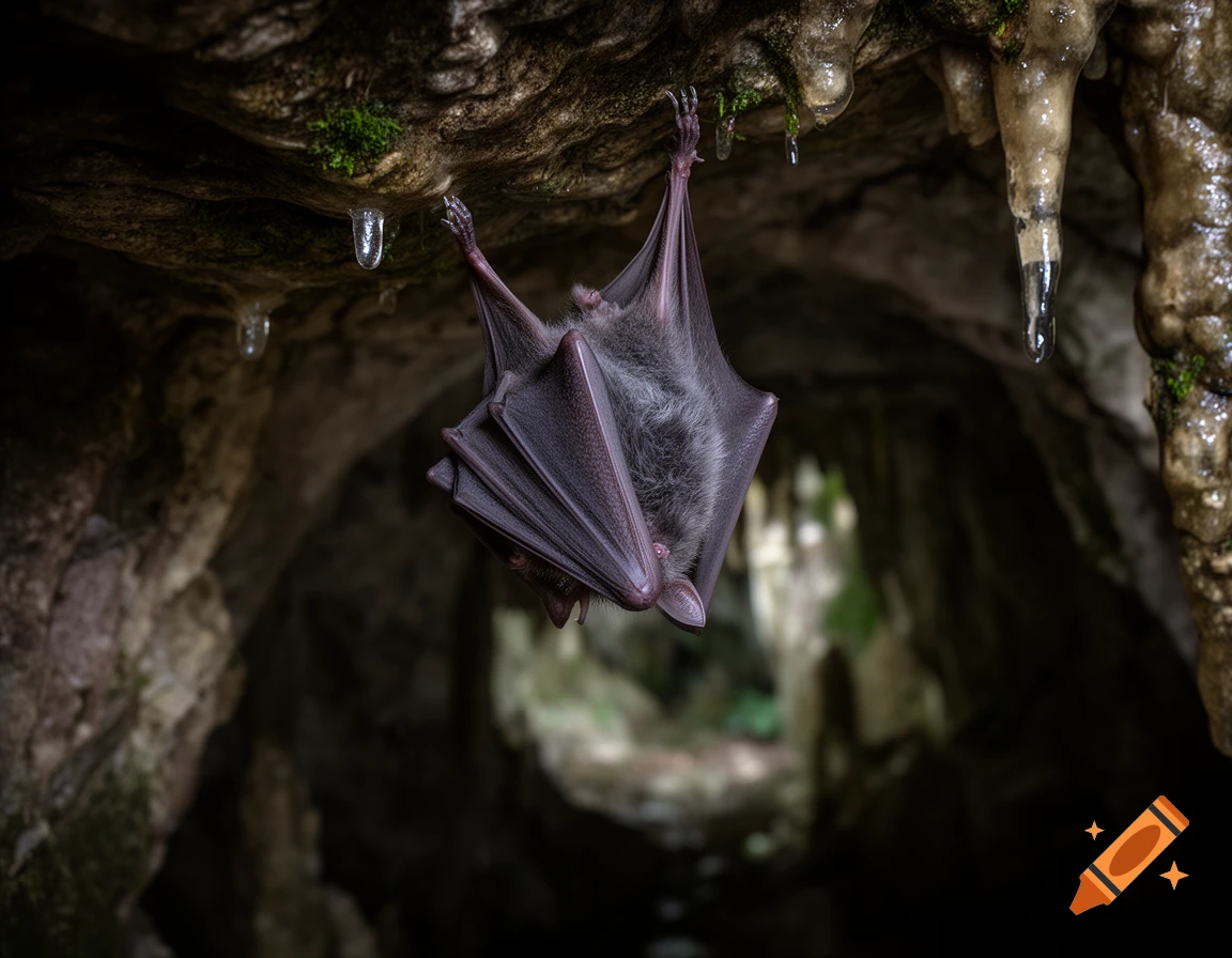 A dark, photorealistic image of a bat hanging upside down from the mossy ceiling of a dimly lit cave, with stalactites.