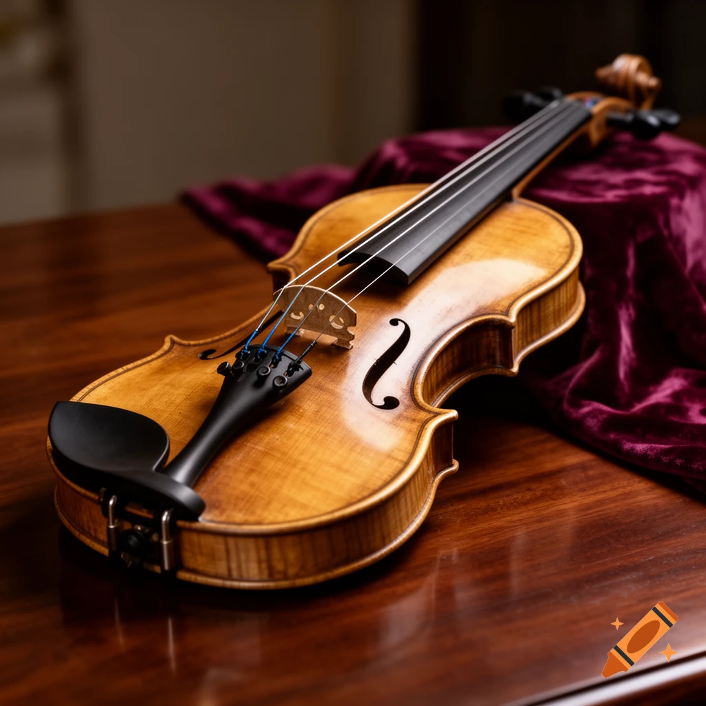 A close-up, high-angle shot of a warm-toned wooden violin resting on a dark wooden table with a deep red velvet cloth.