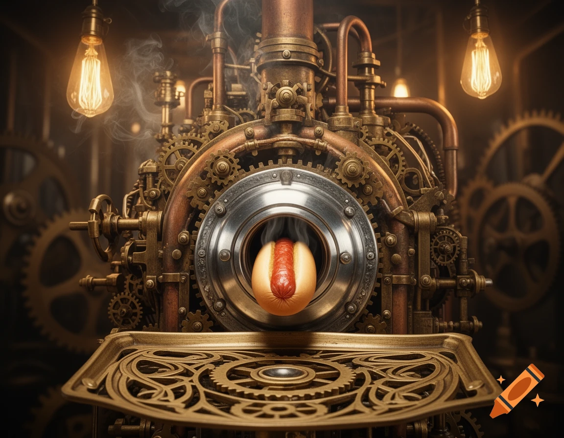 A highly detailed steampunk industrial machine with brass gears, pipes, and Edison bulbs, ejecting a single hotdog with steam.