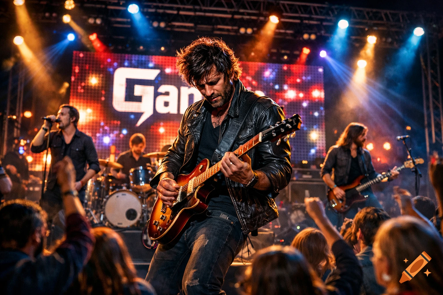 A rock band performs live on stage, with a guitarist in a leather jacket playing a solo. A large screen displays "Gang" behind them.
