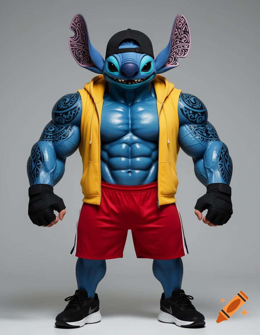 A photorealistic, extremely muscular, blue Stitch from Lilo & Stitch wearing a yellow open hoodie, red shorts, black sneakers, black fingerless gloves, and a black baseball cap backwards. He has Polynesian tattoos on his arms and ears and is shiny with body oil.
