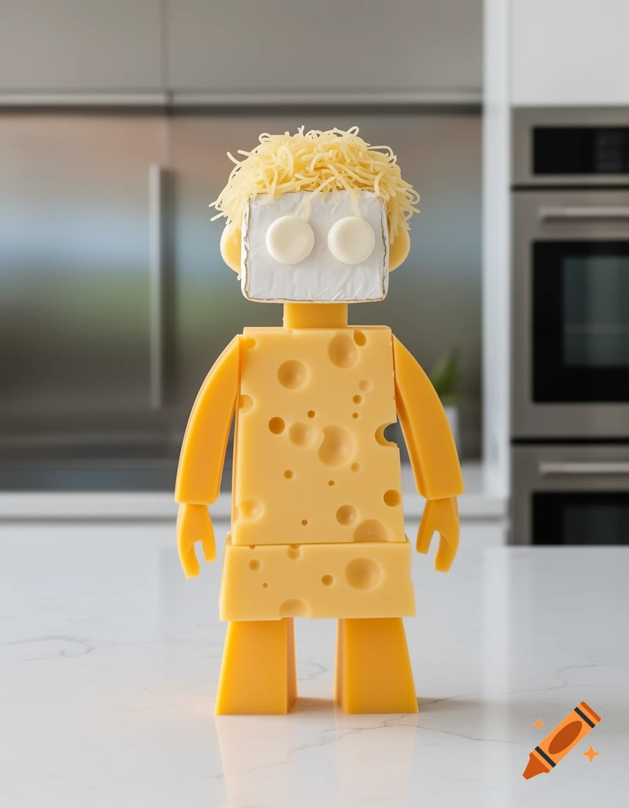 A whimsical figure made from blocks of Swiss cheese, solid yellow cheese, and brie, with grated cheese for hair, stands in a modern kitchen.