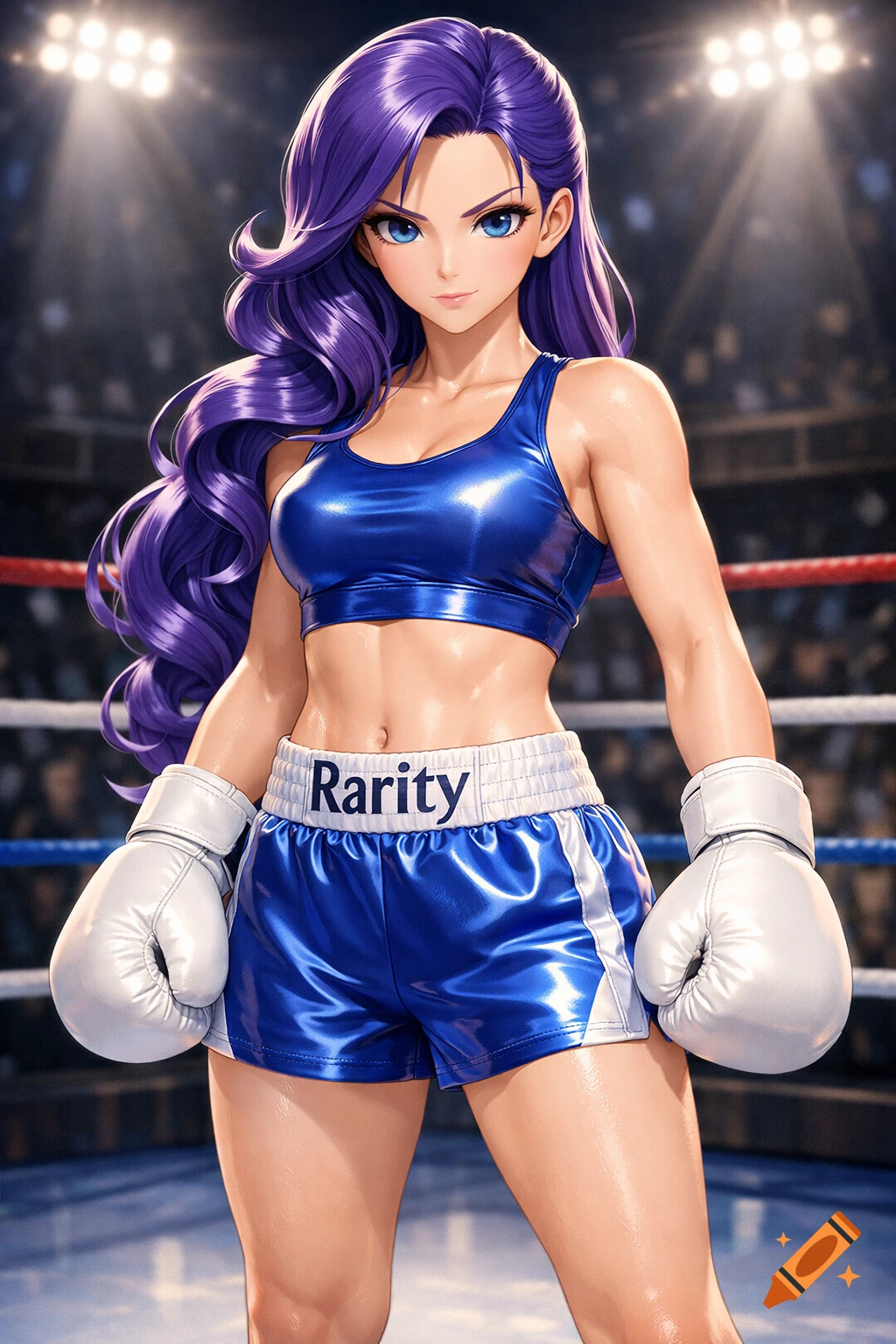 Rarity from MLP in anime style, wearing blue boxing top and shorts with white gloves, standing in a boxing ring.
