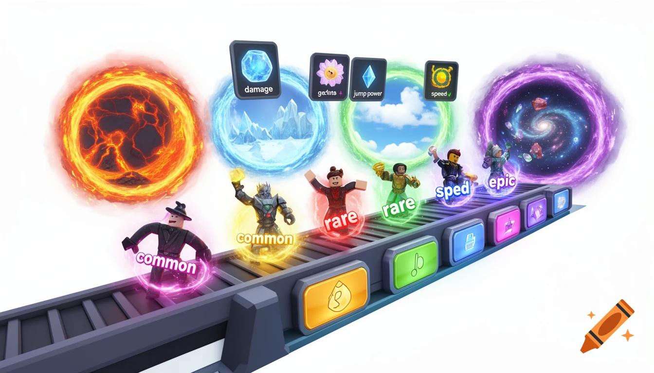 Roblox-inspired game thumbnail with characters on a conveyor belt with glowing rarity effects like common, rare, and epic, moving past colorful portals representing different worlds, with floating stats icons above them in a cartoon 3D style.