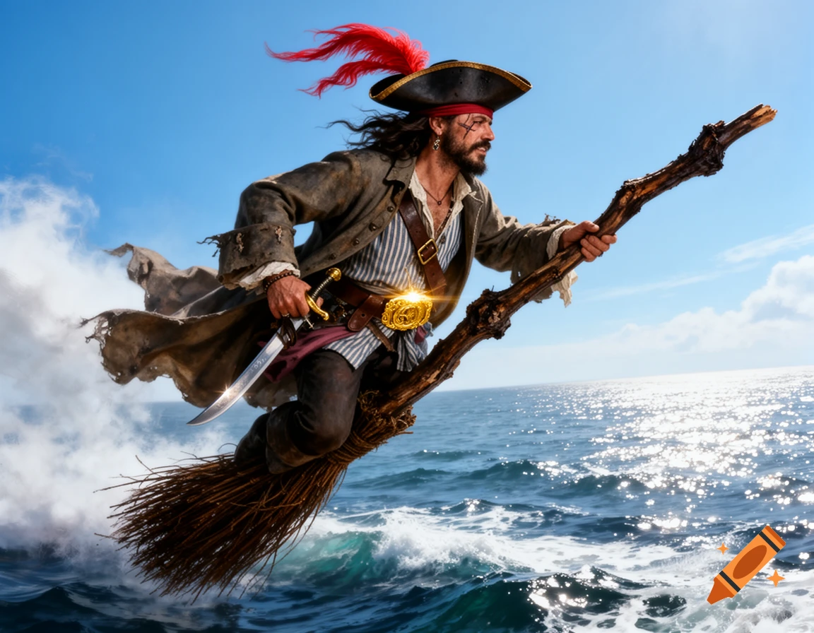 A photorealistic pirate with a red-feathered hat, sword, and beard flies on a broomstick over a sparkling blue ocean under a clear sky.