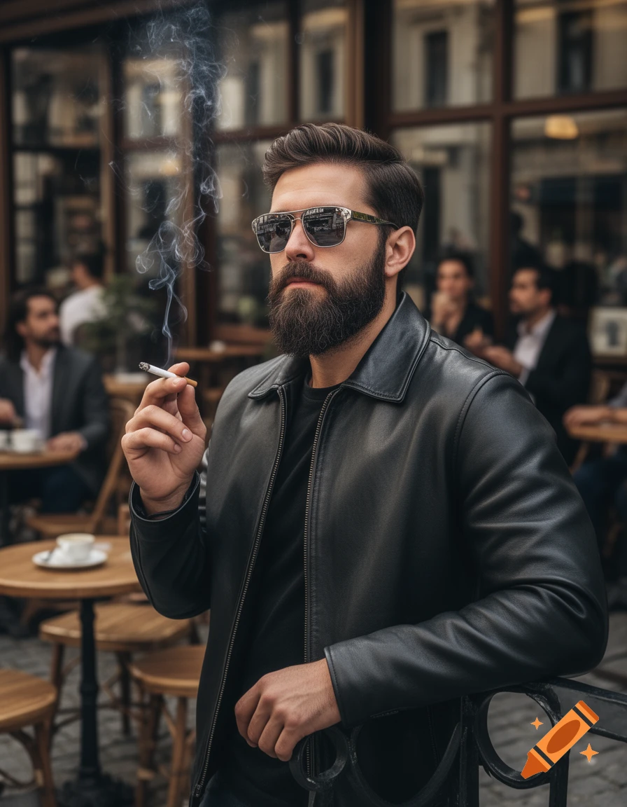 A bearded man in sunglasses and a black leather jacket smokes a cigarette outside a cafe, smoke curling upwards.