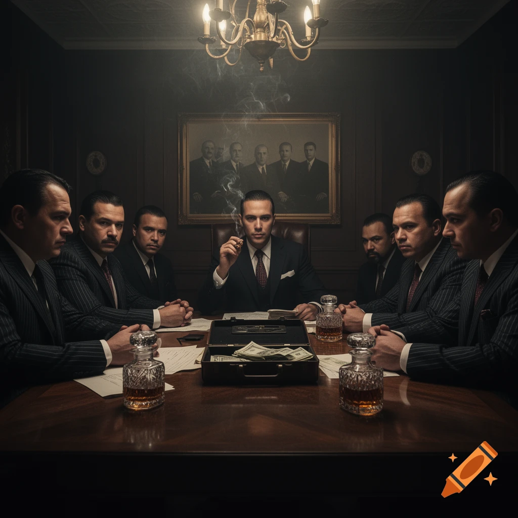 A group of stern men in suits, like a mafia gang, sit at a dark table with a briefcase of money and decanters.